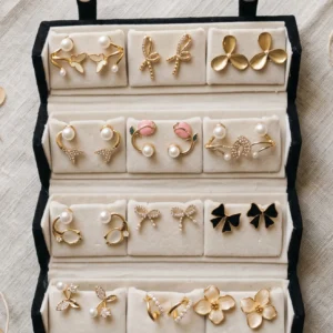 Curated 12-pair gold and pearl fashion earring collection displayed in an open black velvet four-tier jewelry travel organizer roll