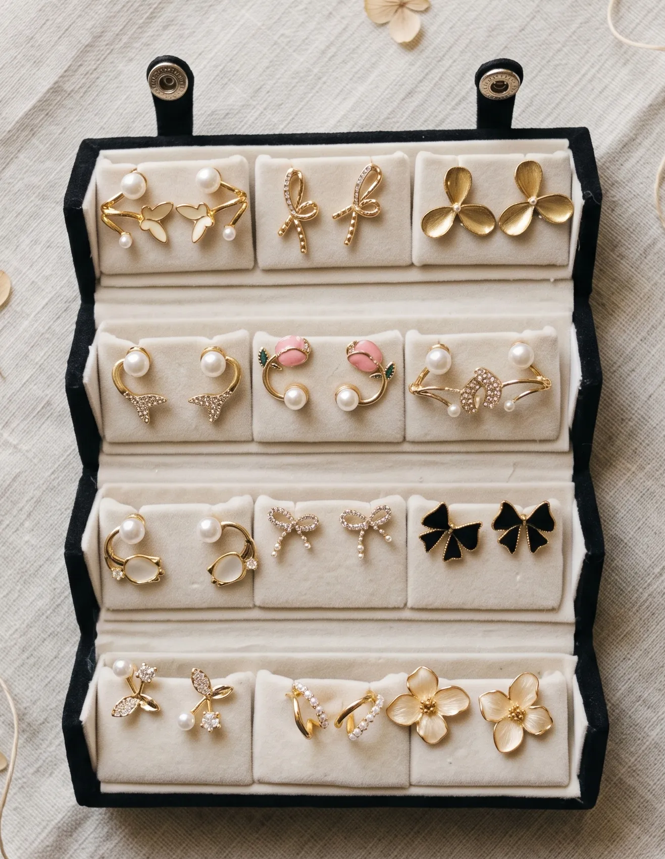12-Pair Curated Korean Fashion Earring Gift Set 1 Curated 12-pair gold and pearl fashion earring collection displayed in an open black velvet four-tier jewelry travel organizer roll