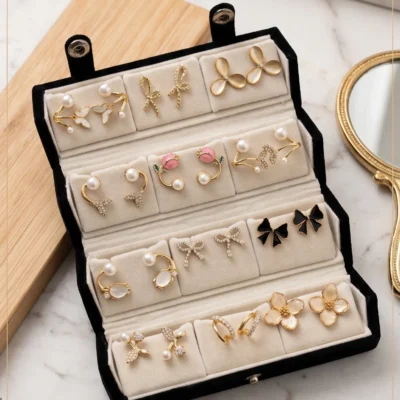 Curated 12-pair gold and pearl fashion earring collection displayed in an open black velvet four-tier jewelry travel organizer roll