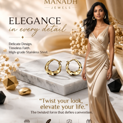 Twisted gold hoop earrings by Manadh Jewels crafted from premium stainless steel with a polished gold finish, displayed on a marble platform in an elegant luxury setting