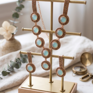 Manadh Jewels premium sky blue stone necklace set with matching earrings featuring an antique gold finish, lightweight design, tarnish-resistant craftsmanship, and elegant round blue stones for festive and wedding wear