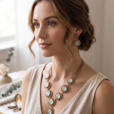 Manadh Jewels premium sky blue stone necklace set with matching earrings featuring an antique gold finish, lightweight design, tarnish-resistant craftsmanship, and elegant round blue stones for festive and wedding wear
