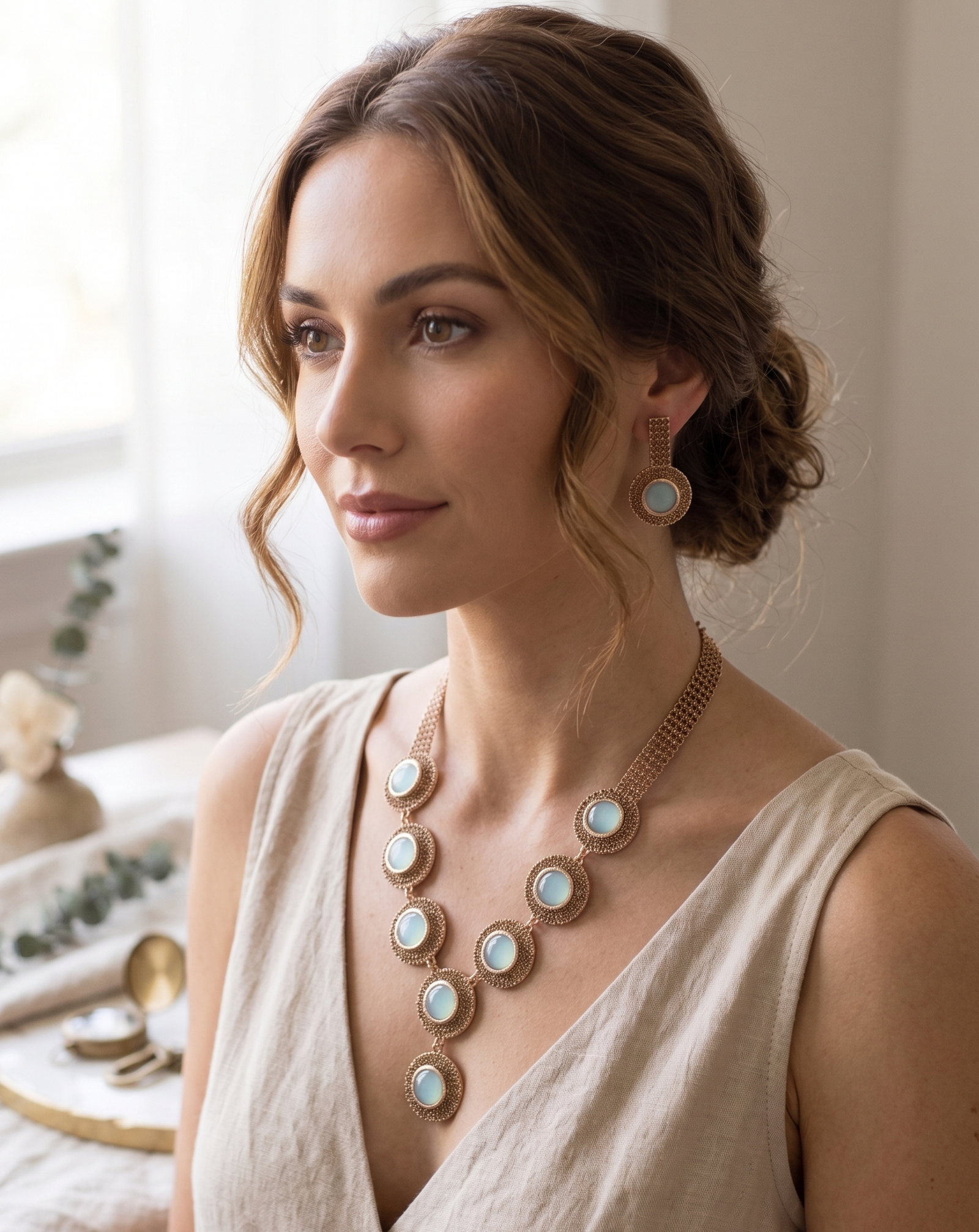 Elegant Sky Blue Stone Necklace Set 6 Manadh Jewels premium sky blue stone necklace set with matching earrings featuring an antique gold finish, lightweight design, tarnish-resistant craftsmanship, and elegant round blue stones for festive and wedding wear