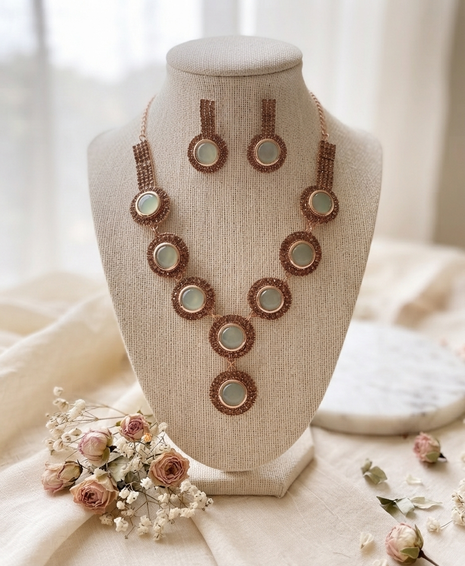 Elegant-Sky-Blue-Stone-Necklace Manadh Jewels premium sky blue stone necklace set with matching earrings featuring an antique gold finish, lightweight design, tarnish-resistant craftsmanship, and elegant round blue stones for festive and wedding wear