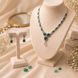 Elegant emerald green gemstone necklace and matching earrings displayed on a jewelry bust with a luxurious beige background.