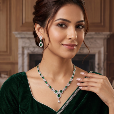 Elegant Aqua Green Crystal Necklace Set by Manadh Jewels featuring aqua-green gemstones, sparkling crystal leaf motifs, matching drop earrings, and a premium silver-tone finish, perfect for bridal wear, weddings, receptions, festive celebrations, and party occasions