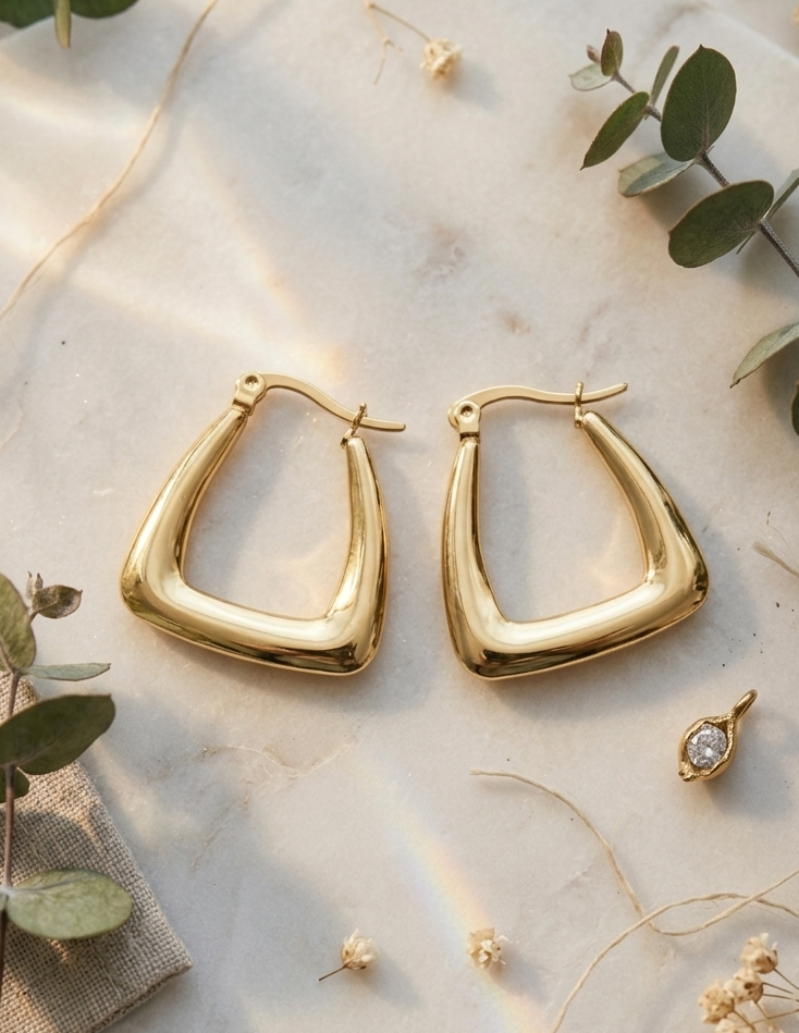Geometric Gold Hoop Earrings 1 Geometric gold hoop earrings by Manadh Jewels crafted from premium stainless steel with a polished gold finish, displayed on a marble pedestal alongside a model wearing the earrings in a luxury setting