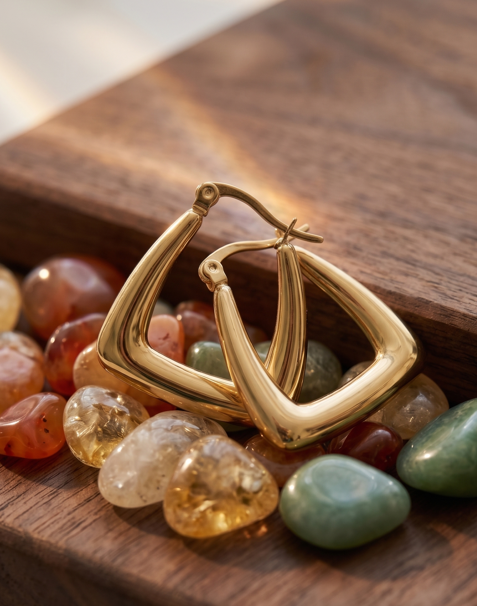 Geometric Gold Hoop Earrings 3 Geometric gold hoop earrings by Manadh Jewels crafted from premium stainless steel with a polished gold finish, displayed on a marble pedestal alongside a model wearing the earrings in a luxury setting