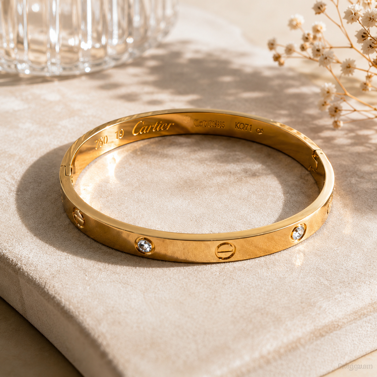 Gold Tone Crystal Accent Bangle MND-BR005 Slide1 Gold-tone polished bangle with circular detailing and sparkling crystal accents