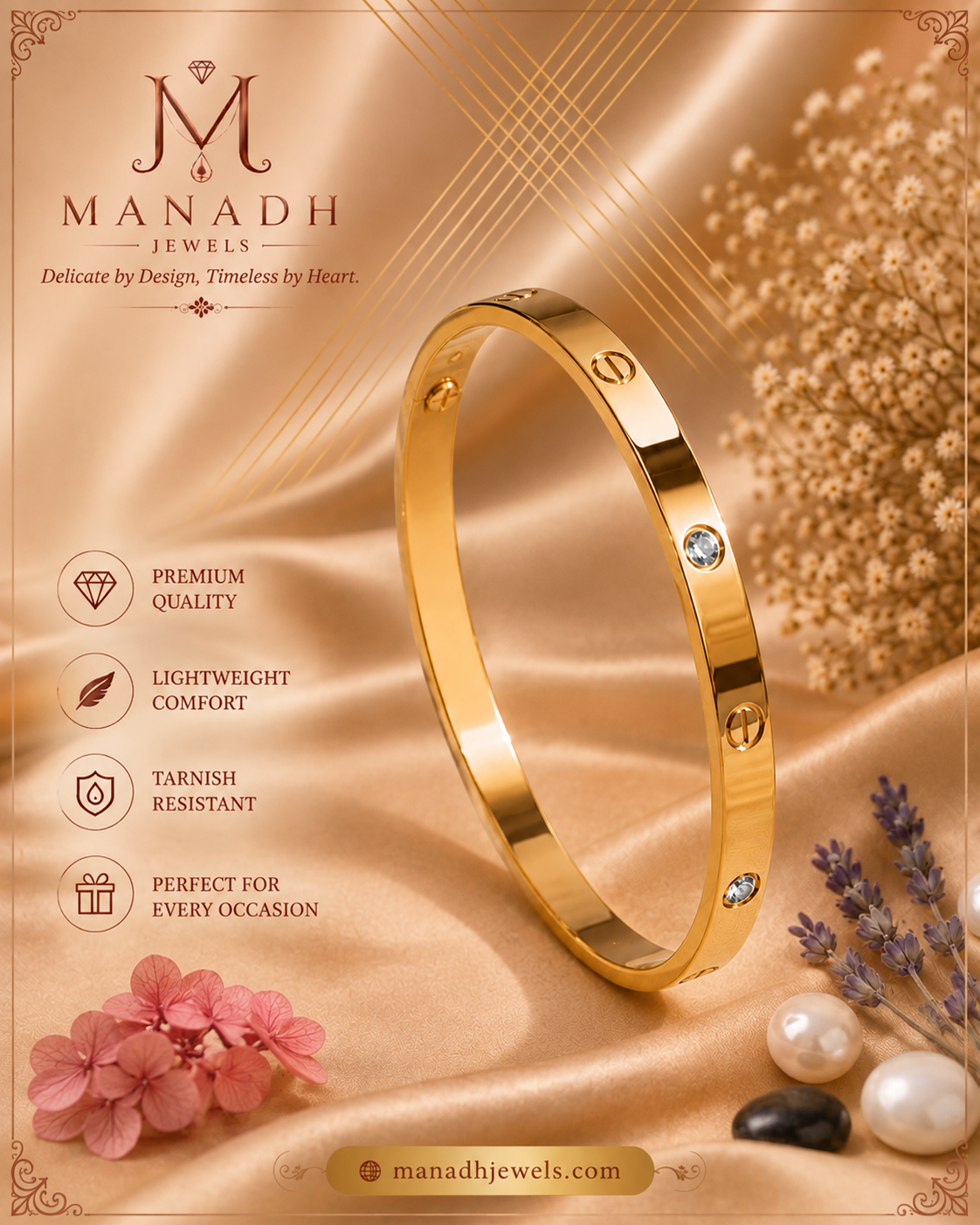 Gold Tone Crystal Accent Bangle MND-BR005 Slide4 Gold-tone polished bangle with circular detailing and sparkling crystal accents