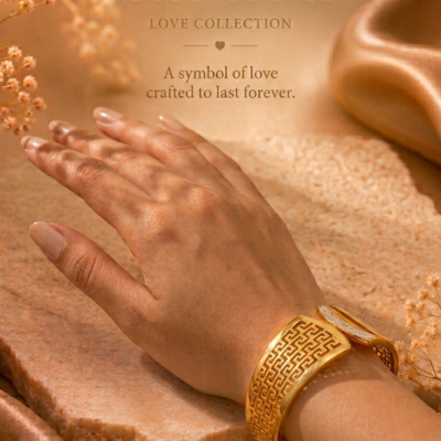 Gold-tone geometric open cuff bangle with patterned detailing and sparkling accent panel