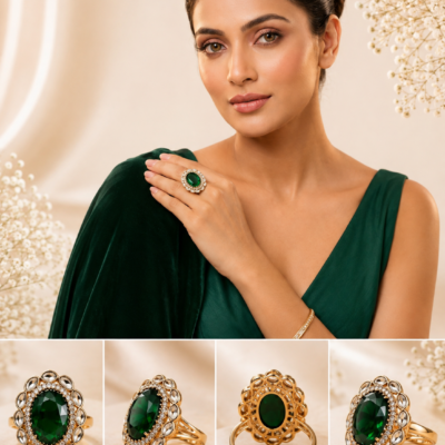 Vintage emerald green statement ring with an oval gemstone surrounded by sparkling crystal accents in a gold-tone finish, displayed on a black marble pedestal by Manadh Jewels.