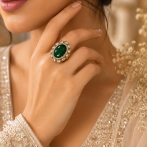 Vintage emerald green statement ring with an oval gemstone surrounded by sparkling crystal accents in a gold-tone finish, displayed on a black marble pedestal by Manadh Jewels.