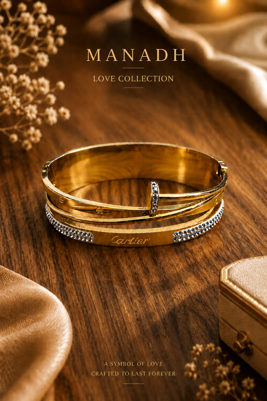 Gold-Tone Statement Bangle MND-BR001 Slide1 Gold-tone layered statement bangle with sparkling accent detailing on a wooden luxury jewellery display