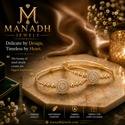 MANADH JEWELS gold bangle bracelet set with intricate diamond-style floral detailing displayed on a luxurious marble stand with elegant golden lighting