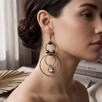 Modern black hoop earrings with sparkling crystal drop accents displayed on a luxurious champagne satin background by MANADH JEWELS.