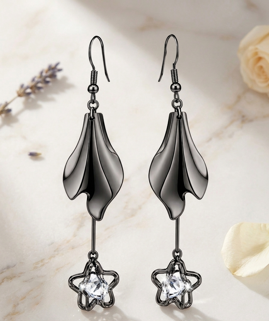 Gunmetal Sculpted Petal Star Crystal Earrings 1 Luxury silver designer drop earrings for women by MANADH Jewels showcased on a female model wearing an elegant emerald green saree in a premium jewelry catalogue with warm editorial lighting