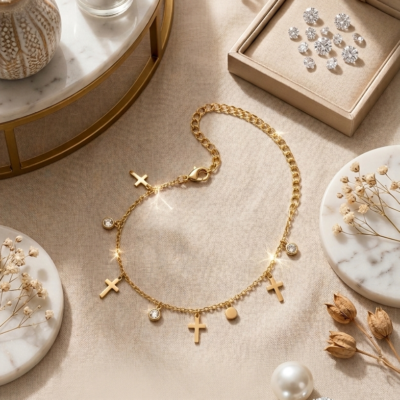 Manadh Jewels Cross Charm Gold Bracelet featuring minimalist gold cross charms, polished bead accents, adjustable stainless steel chain, and elegant tarnish-resistant finish on a luxury marble background.