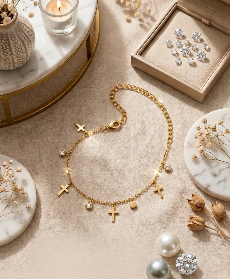Holy Cross Charm Gold Bracelet MND-BR008 Slide2 Manadh Jewels Cross Charm Gold Bracelet featuring minimalist gold cross charms, polished bead accents, adjustable stainless steel chain, and elegant tarnish-resistant finish on a luxury marble background.