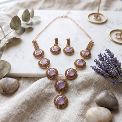 lavender stone necklace set with matching earrings by Manadh Jewels