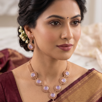 lavender stone necklace set with matching earrings by Manadh Jewels