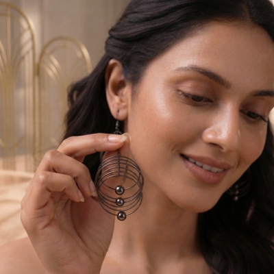 Black layered oval hoop earrings with polished bead details by Manadh Jewels
