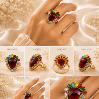 Vintage ruby-red statement ring with a triangular center stone, multicolor gemstone accents, crystal halo, and gold-tone finish displayed on a black marble pedestal by Manadh Jewels.