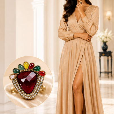 Vintage ruby-red statement ring with a triangular center stone, multicolor gemstone accents, crystal halo, and gold-tone finish displayed on a black marble pedestal by Manadh Jewels.