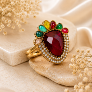 Vintage ruby-red statement ring with a triangular center stone, multicolor gemstone accents, crystal halo, and gold-tone finish displayed on a black marble pedestal by Manadh Jewels.