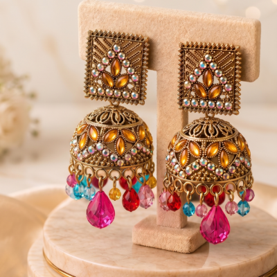 Pink stone oxidized statement earrings featuring crystal embellishments and dangling pink bead drops by Manadh Jewels for festive, wedding, and traditional ethnic wear