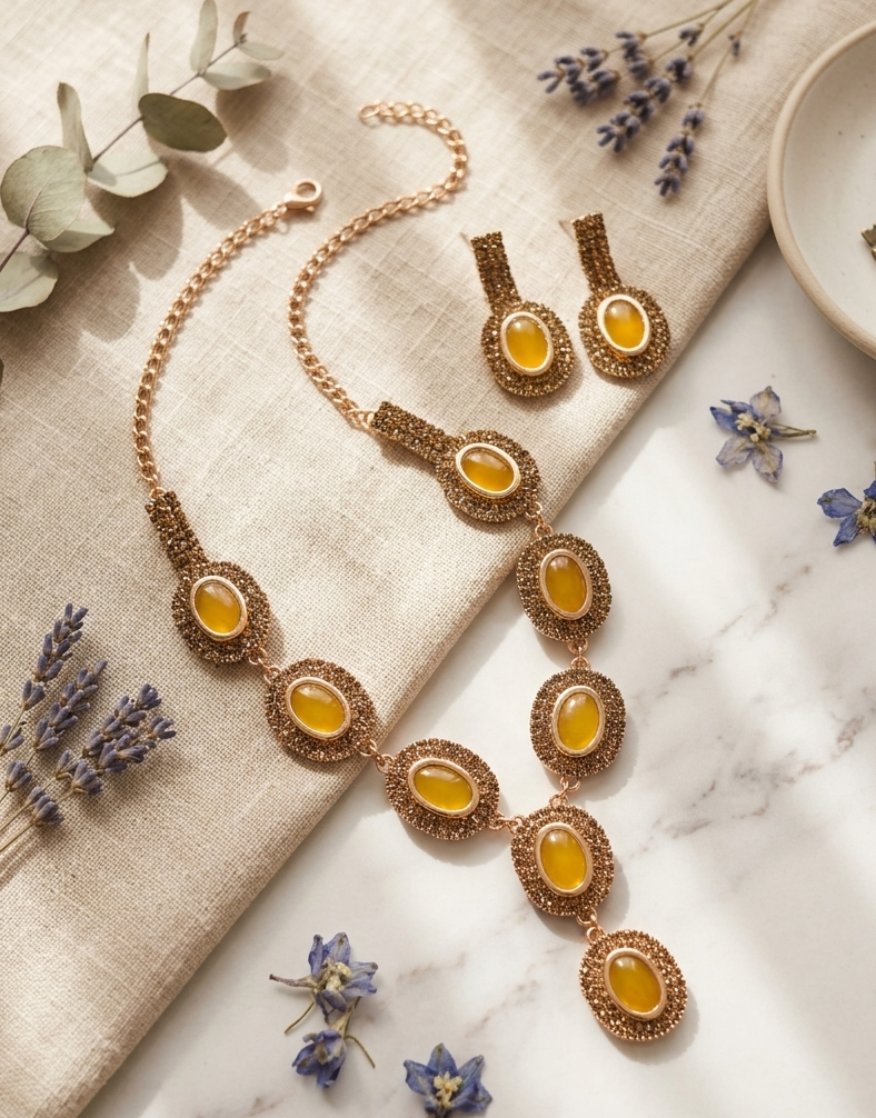 Oval Yellow Gemstone Statement Necklace & Drop Earring Set 1 MANADH JEWELS yellow stone necklace set with matching earrings in gold-tone finish