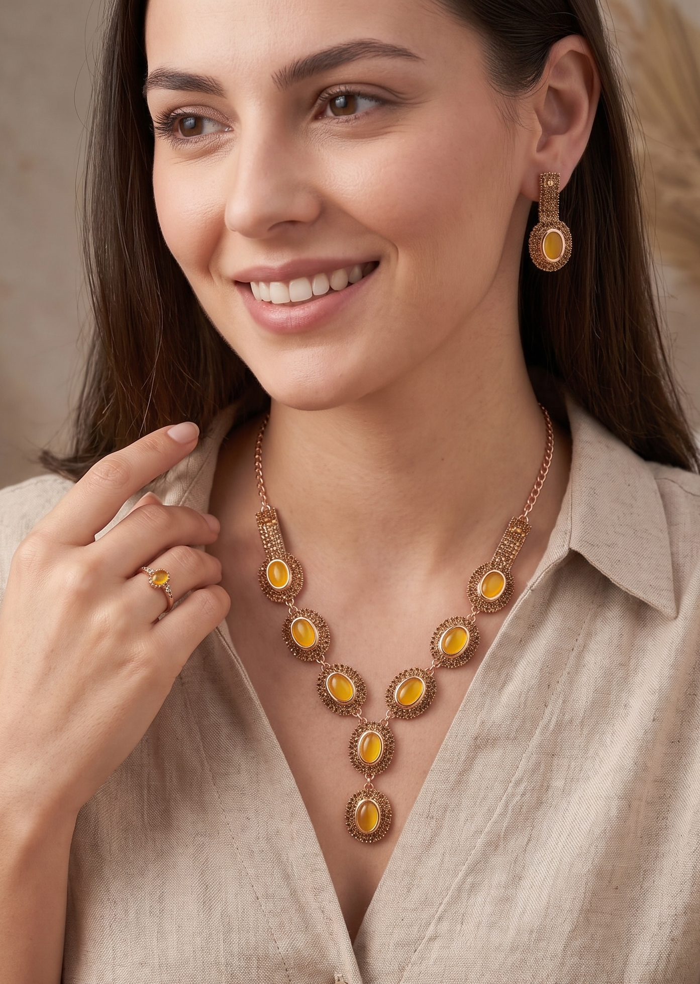 Oval Yellow Gemstone Statement Necklace & Drop Earring Set 4 MANADH JEWELS yellow stone necklace set with matching earrings in gold-tone finish
