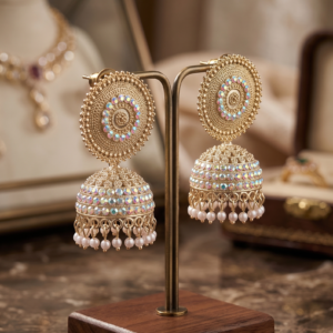 Premium oxidized jhumka earrings with intricate circular detailing, shimmering stones, and pearl drops displayed on a beige marble surface by Manadh Jewels