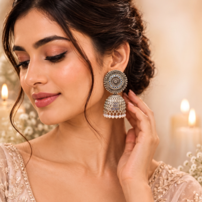 Premium oxidized jhumka earrings with intricate circular detailing, shimmering stones, and pearl drops displayed on a beige marble surface by Manadh Jewels