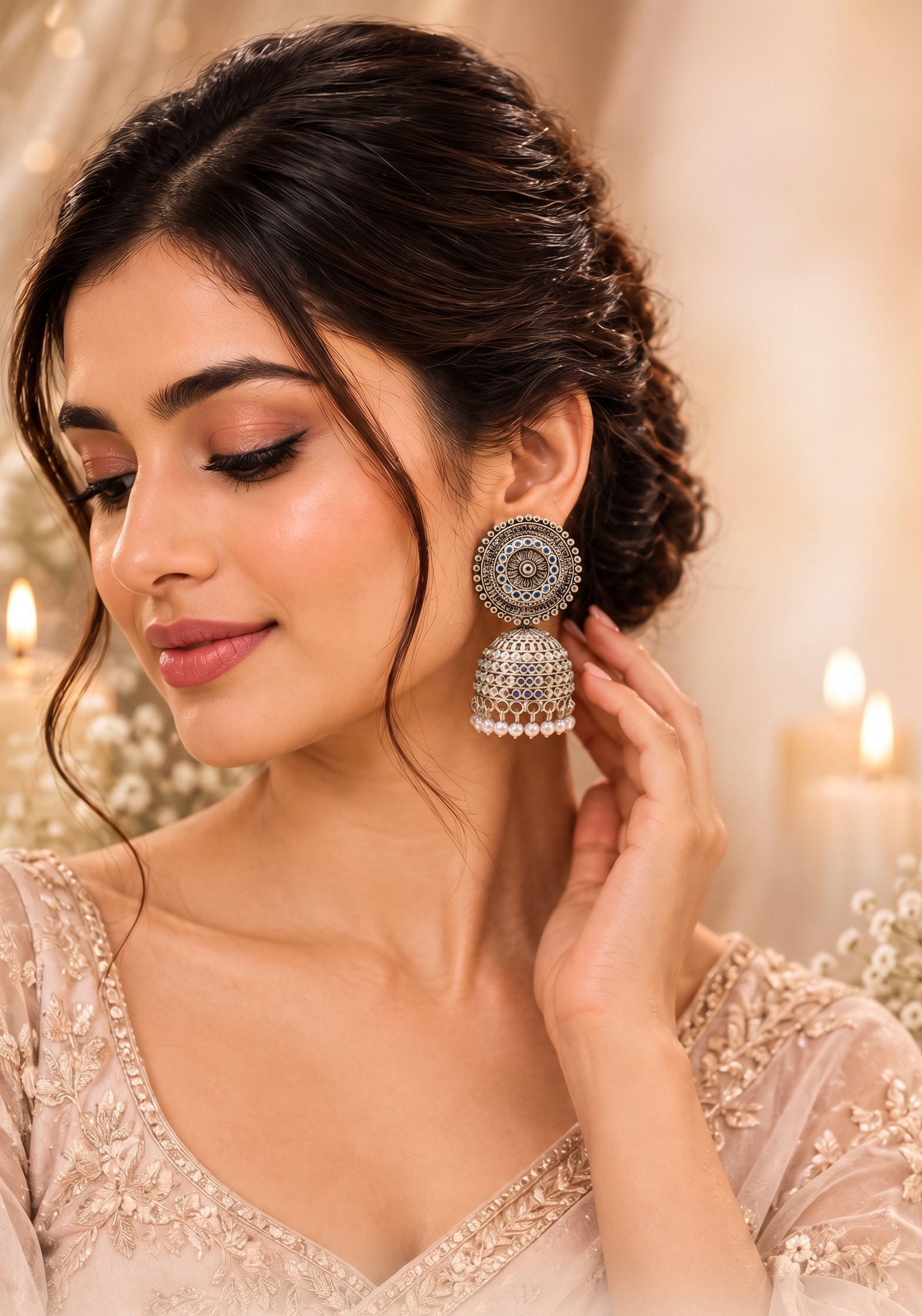 Oxidized Jhumka Earrings 4 Premium oxidized jhumka earrings with intricate circular detailing, shimmering stones, and pearl drops displayed on a beige marble surface by Manadh Jewels