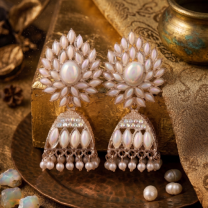Premium floral oxidized jhumka earrings featuring pearl-like stones, an iridescent center gemstone, intricate detailing, and elegant pearl drops by Manadh Jewels