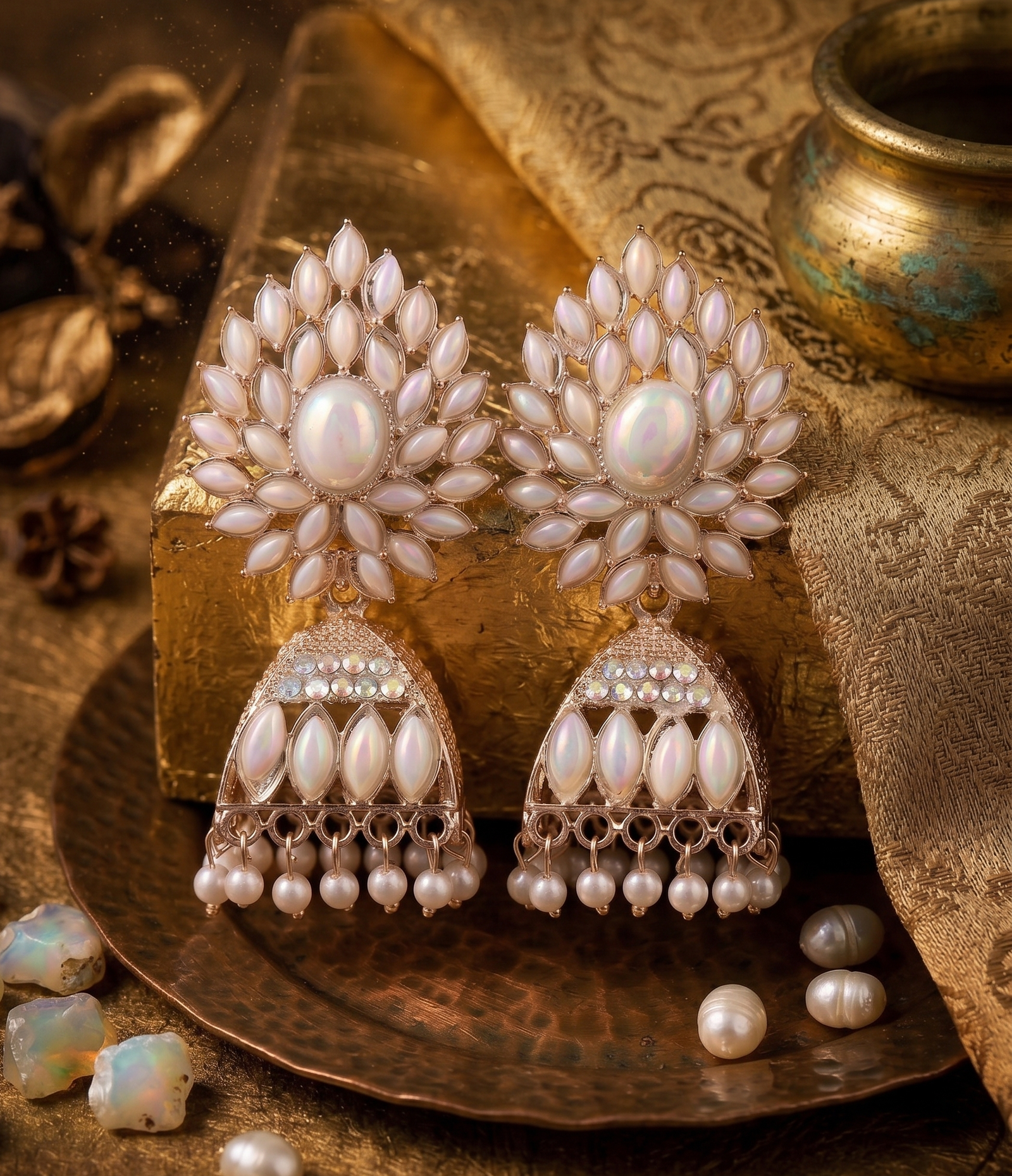 Pearl Oxidized Jhumka Earrings 1 Premium floral oxidized jhumka earrings featuring pearl-like stones, an iridescent center gemstone, intricate detailing, and elegant pearl drops by Manadh Jewels