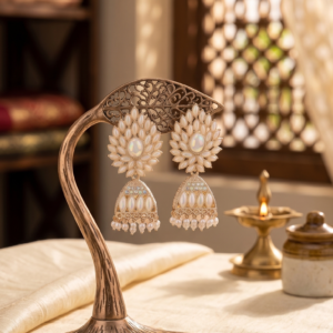 Premium floral oxidized jhumka earrings featuring pearl-like stones, an iridescent center gemstone, intricate detailing, and elegant pearl drops by Manadh Jewels