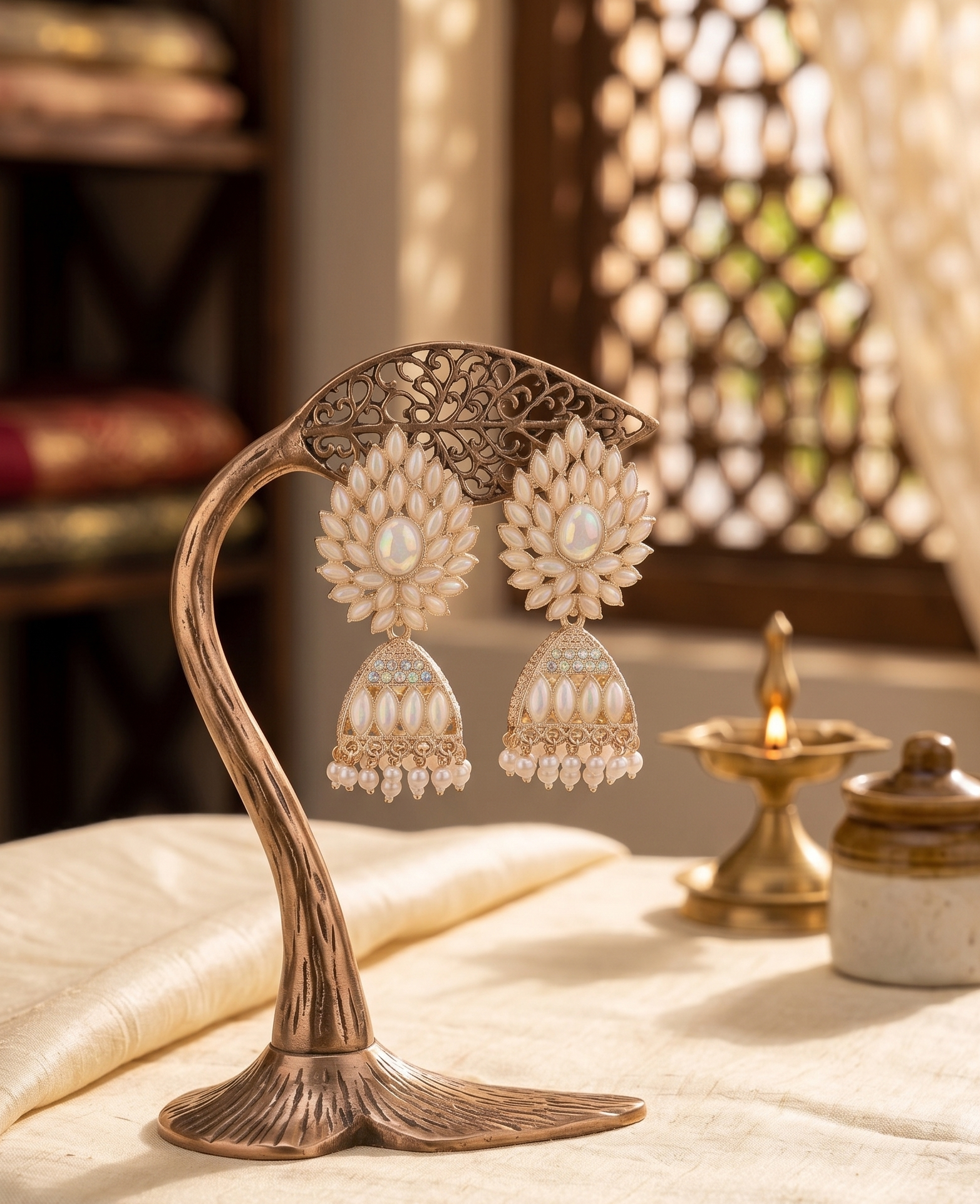 Pearl Oxidized Jhumka Earrings 3 Premium floral oxidized jhumka earrings featuring pearl-like stones, an iridescent center gemstone, intricate detailing, and elegant pearl drops by Manadh Jewels
