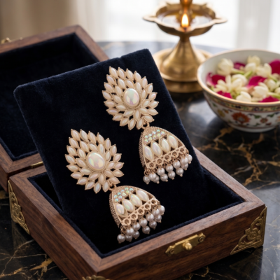 Premium floral oxidized jhumka earrings featuring pearl-like stones, an iridescent center gemstone, intricate detailing, and elegant pearl drops by Manadh Jewels