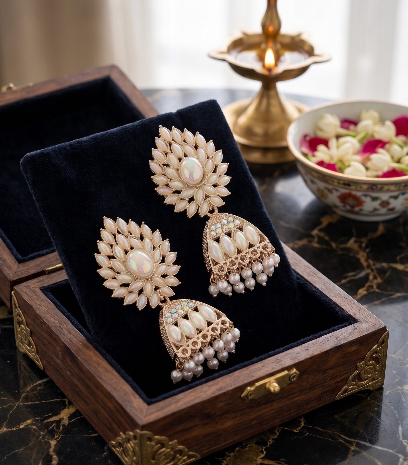 Pearl Oxidized Jhumka Earrings 4 Premium floral oxidized jhumka earrings featuring pearl-like stones, an iridescent center gemstone, intricate detailing, and elegant pearl drops by Manadh Jewels