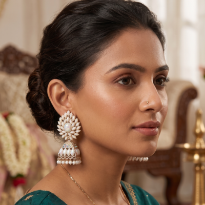 Premium floral oxidized jhumka earrings featuring pearl-like stones, an iridescent center gemstone, intricate detailing, and elegant pearl drops by Manadh Jewels
