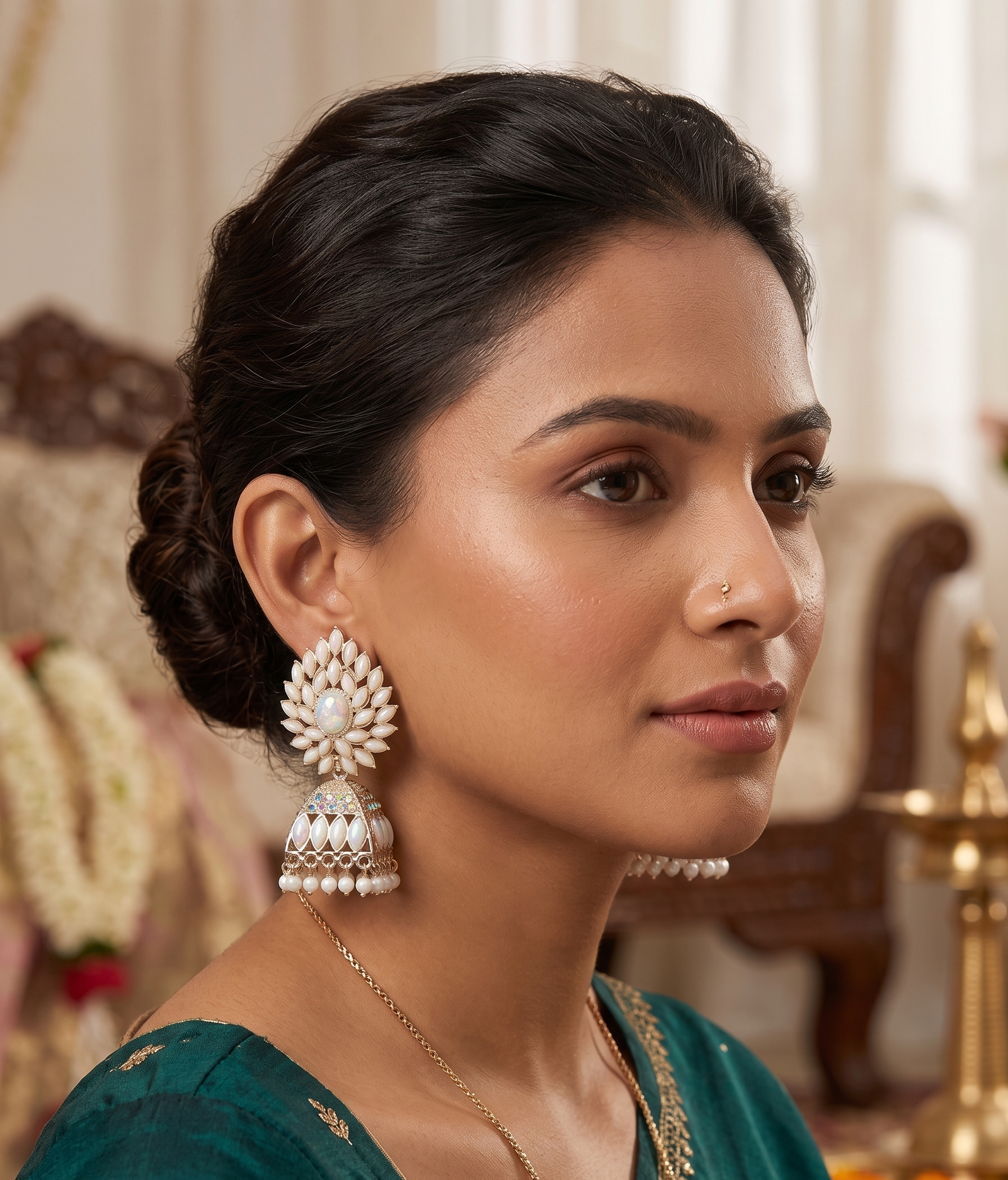Pearl Oxidized Jhumka Earrings 5 Premium floral oxidized jhumka earrings featuring pearl-like stones, an iridescent center gemstone, intricate detailing, and elegant pearl drops by Manadh Jewels