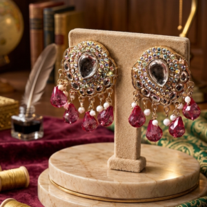 Pink stone oxidized statement earrings featuring crystal embellishments and dangling pink bead drops by Manadh Jewels for festive, wedding, and traditional ethnic wear