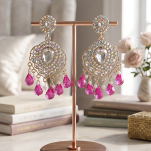 Pink stone oxidized statement earrings featuring crystal embellishments and dangling pink bead drops by Manadh Jewels for festive, wedding, and traditional ethnic wear