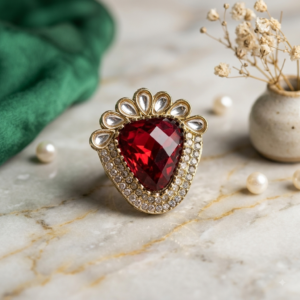 Red gemstone statement jewellery with intricate gold-tone detailing