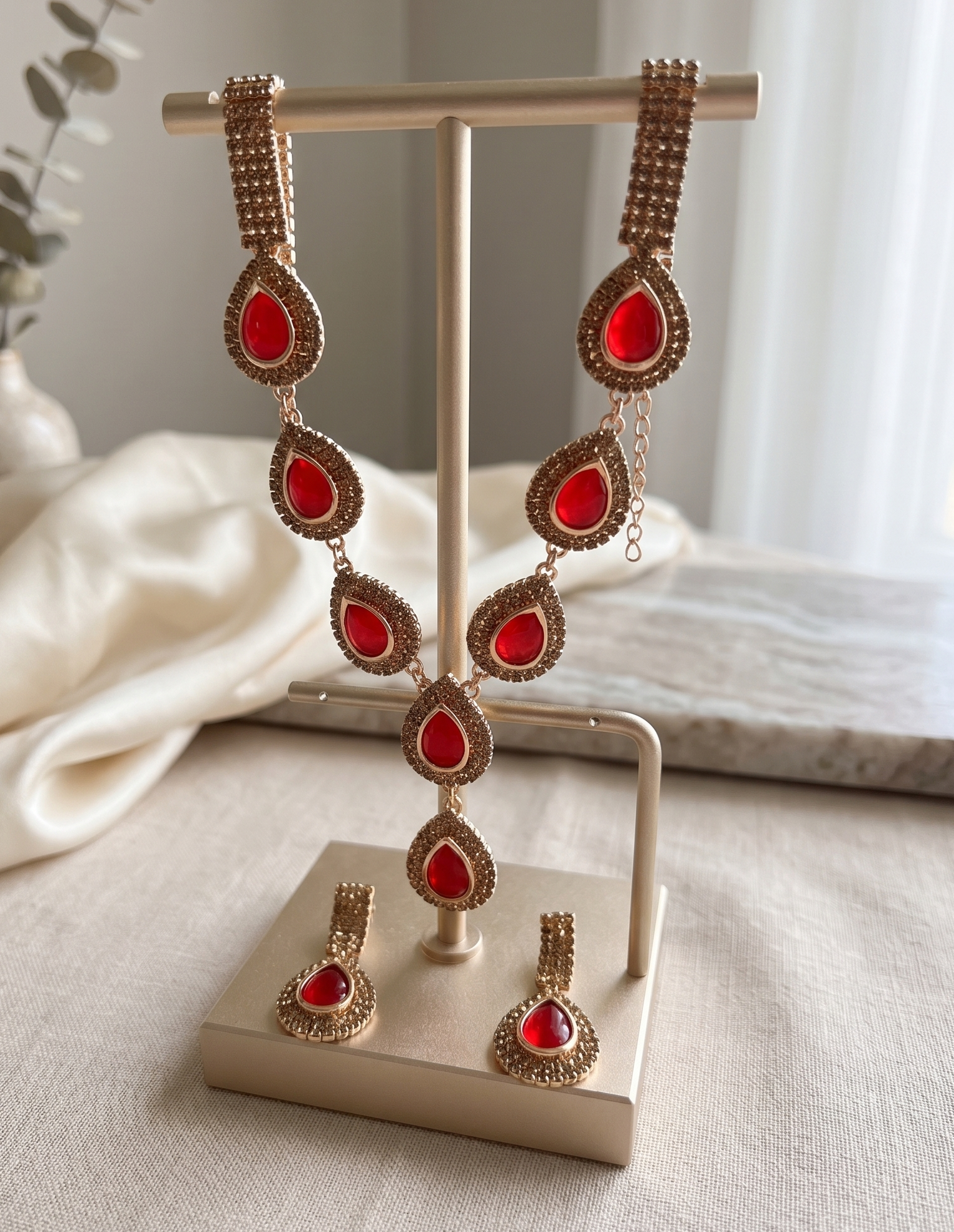 Red Stone Necklace & Earrings Set 2 Luxury red stone necklace set with matching earrings by Manadh Jewels displayed on a premium jewelry bust, ideal for bridal, wedding, festive, and party wear