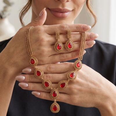 Luxury red stone necklace set with matching earrings by Manadh Jewels displayed on a premium jewelry bust, ideal for bridal, wedding, festive, and party wear