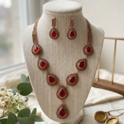 Luxury red stone necklace set with matching earrings by Manadh Jewels displayed on a premium jewelry bust, ideal for bridal, wedding, festive, and party wear