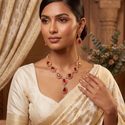 Luxury red stone necklace set with matching earrings by Manadh Jewels displayed on a premium jewelry bust, ideal for bridal, wedding, festive, and party wear